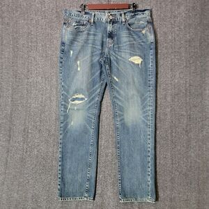 American Eagle Jeans Mens 37x30* Blue Slim Straight Leg Ripped Distressed Denim